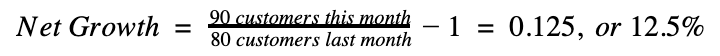 90 customers this month against 80 last month is a 12.5% net growth rate
