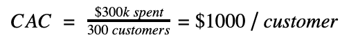 $300k spent divided by 300 customers gained gives our CAC, $1000 per customer