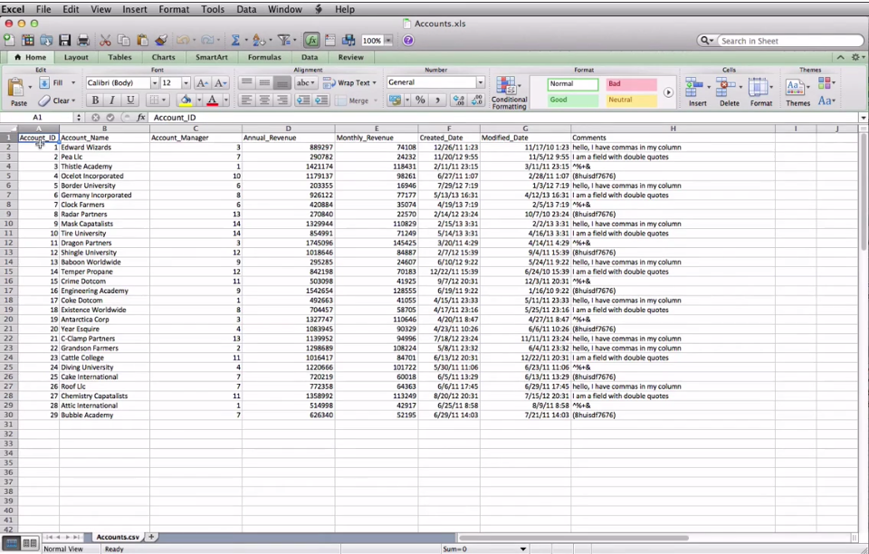 Accounts.xls file on excel