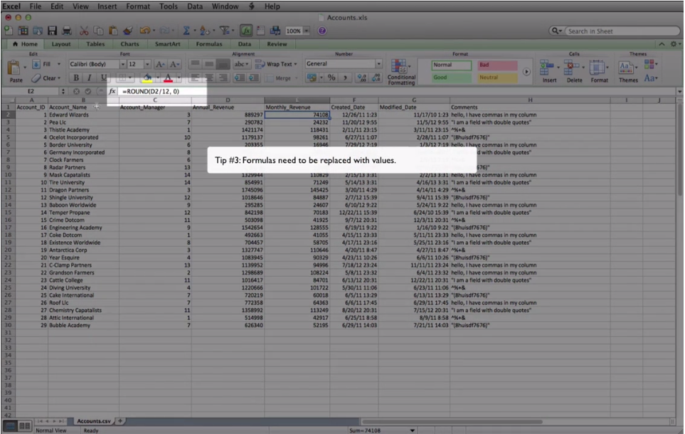 Accounts.xls file on excel - remove special formatting