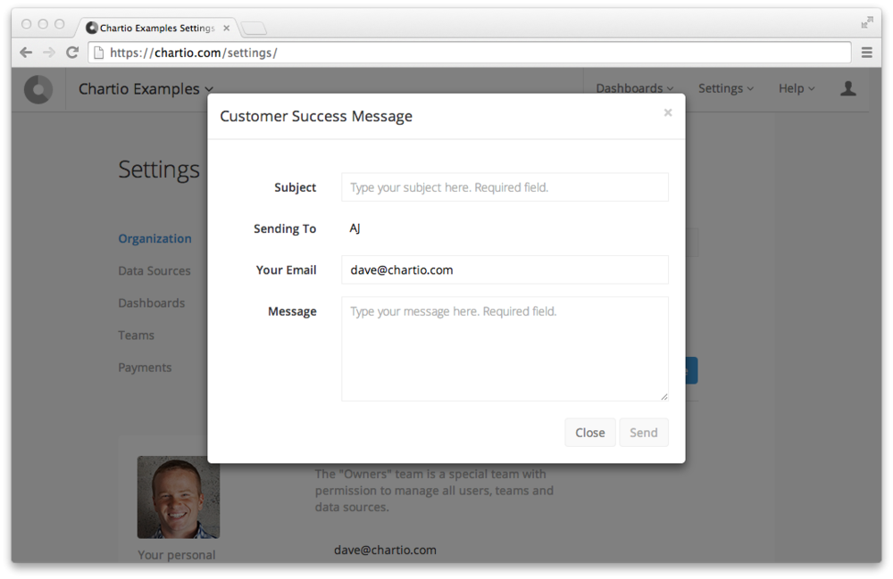 Chartio customer success message