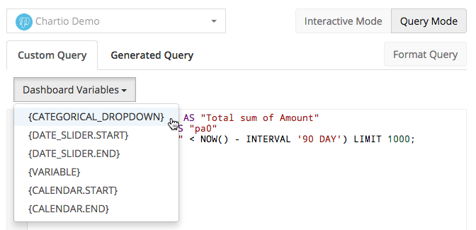 Chartio dashboard variables