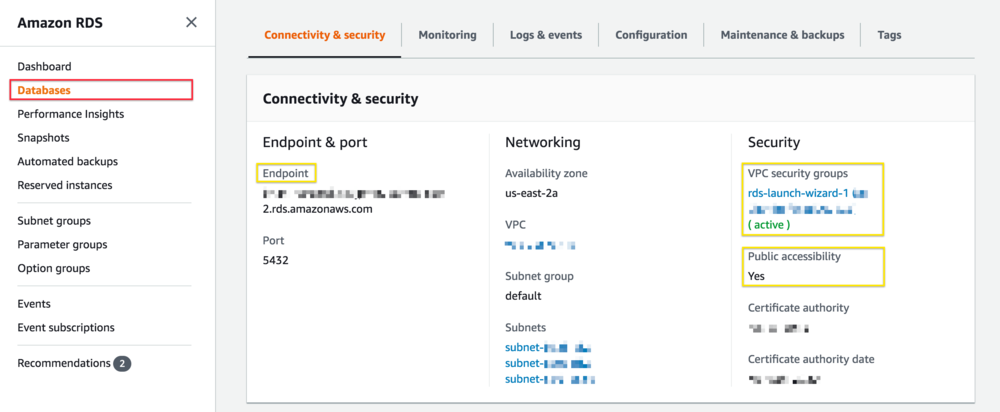 RDS dashboard provides needed details