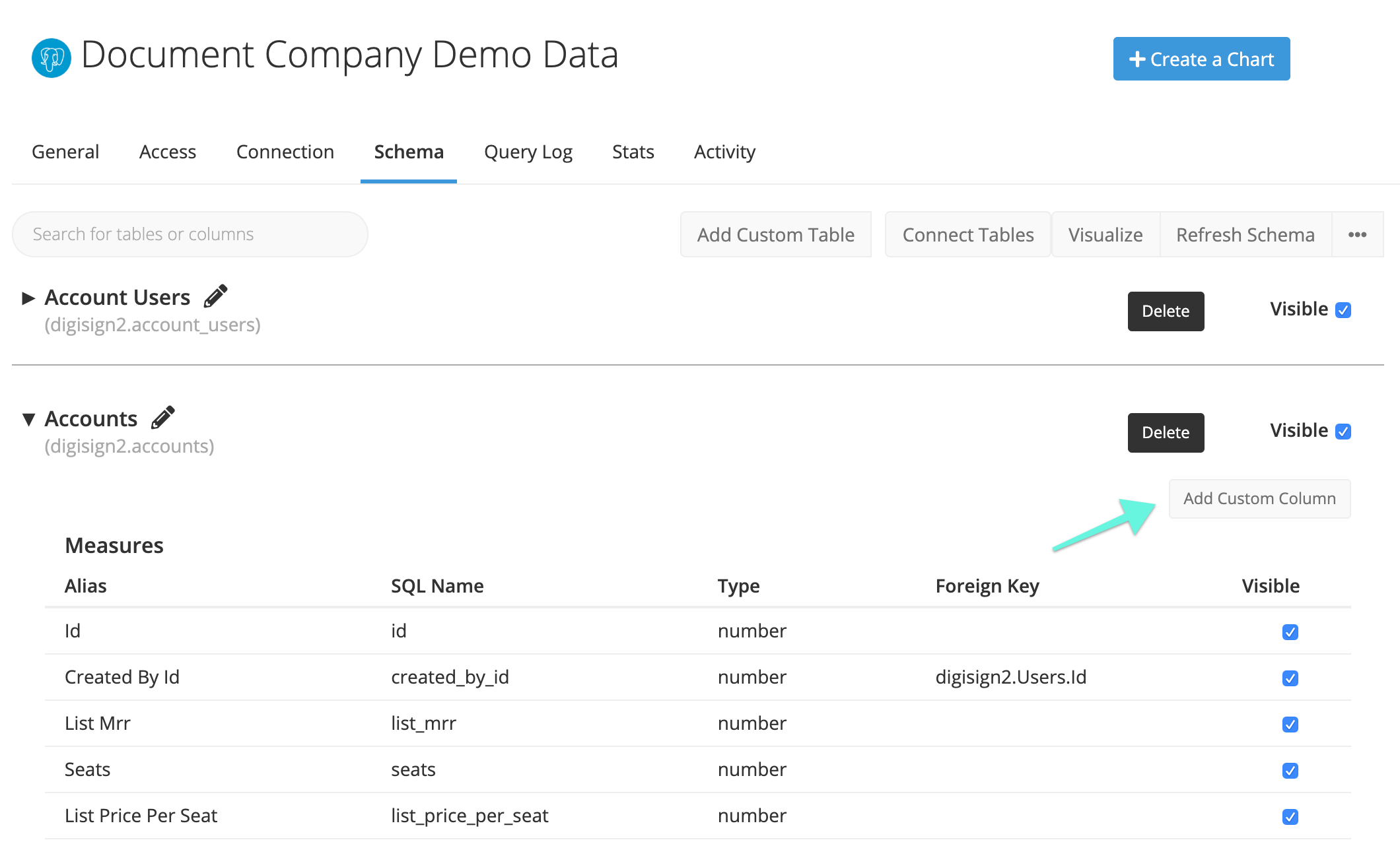 Click Add Custom Column under the Schema tab of a data source