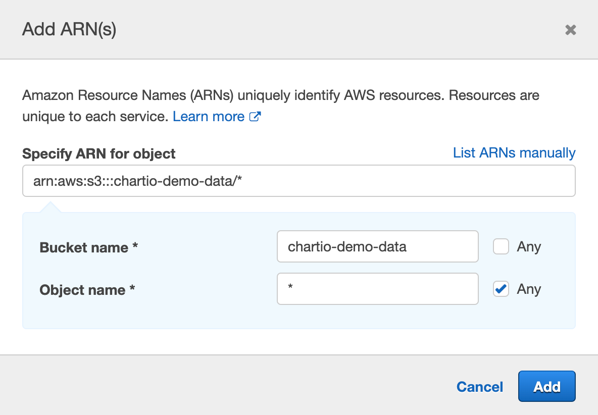 Provide the path location to your S3 bucket and select Any for the Object name