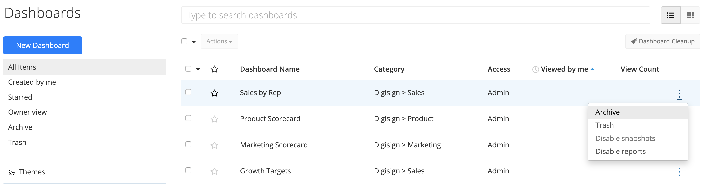 Manage dashboards with archiving