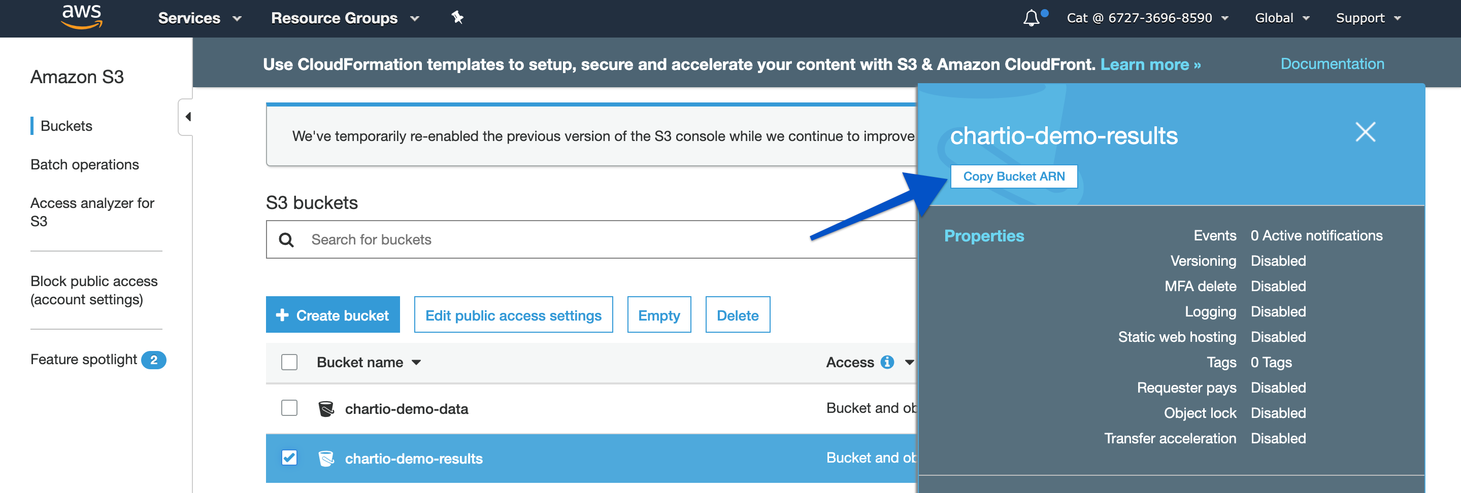 Copy the Bucket ARN for your query results bucket