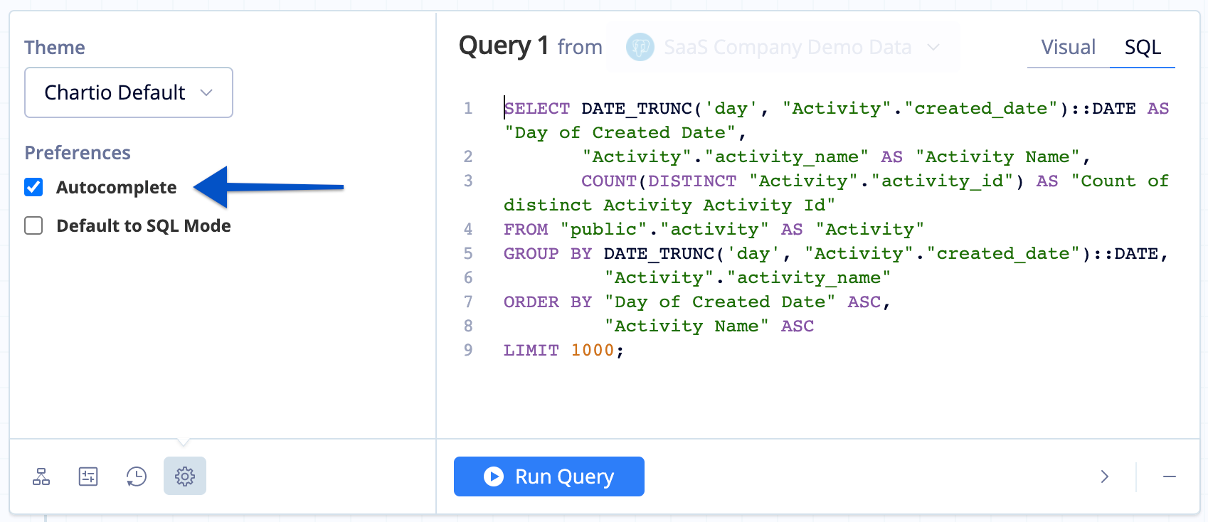 Disable or enable Autocomplete in the SQL Editor Settings tab