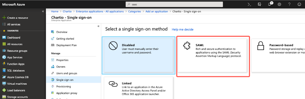 Azure panel choose SAML