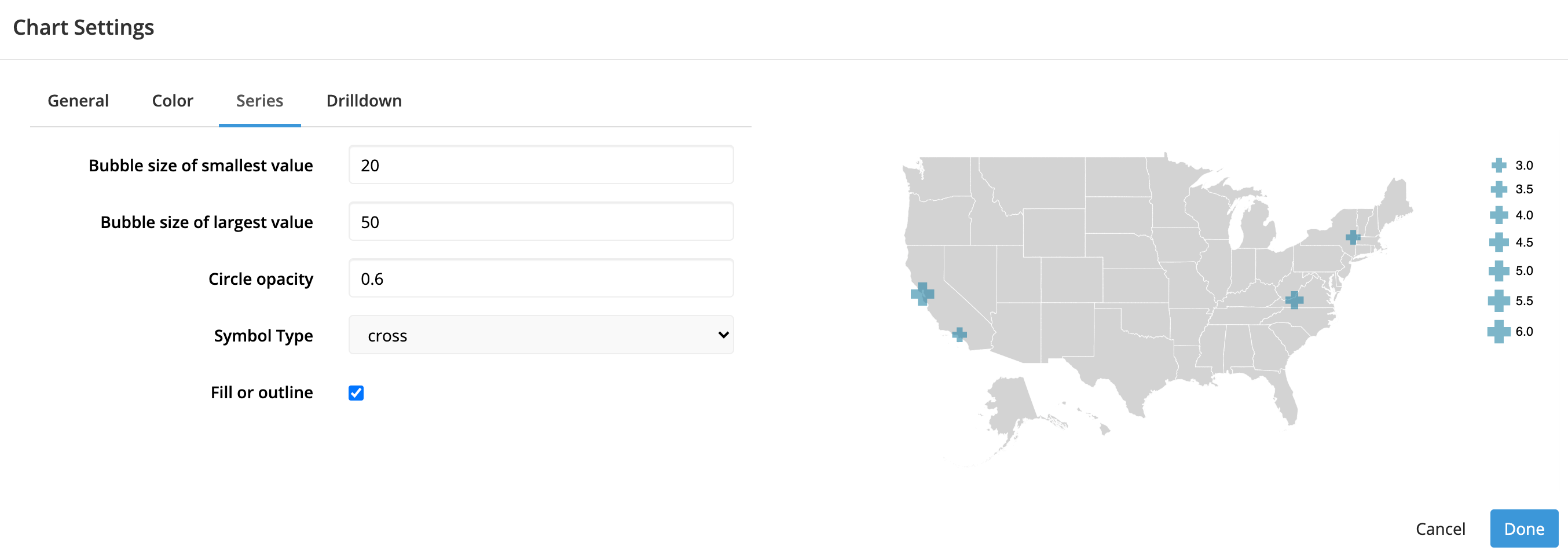 Modify the dot settings for your Bubble Maps in the Series tab