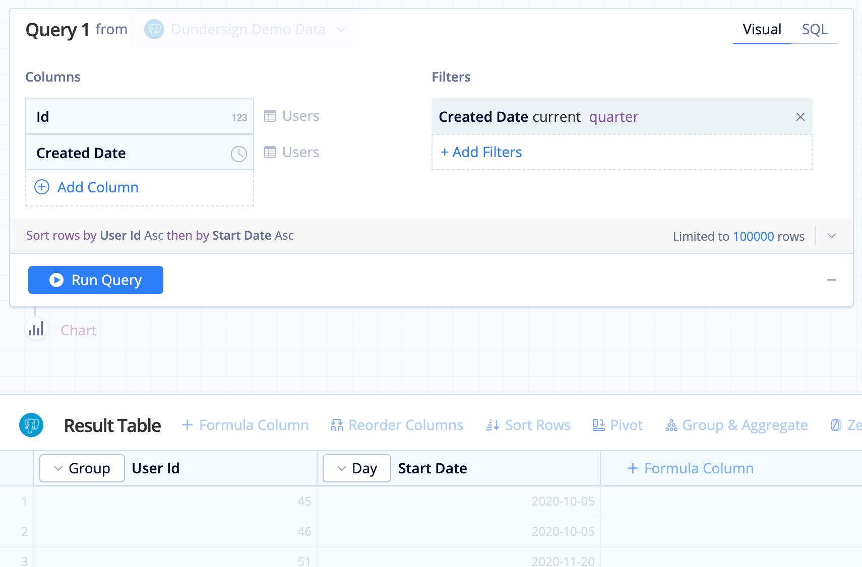 Pull the Start Date for each user in Query 1