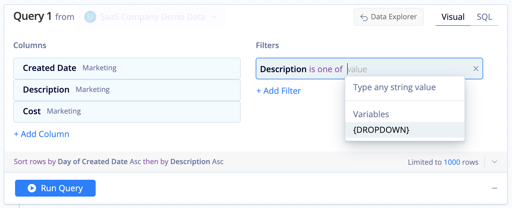 Connect your Dropdown to a chart in Visual SQL by adding it as a filter