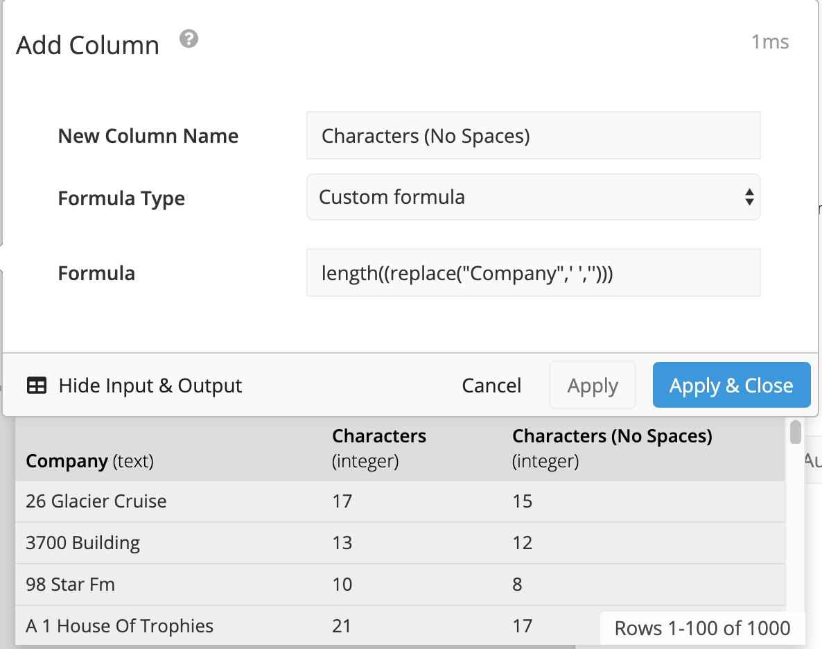 Count all characters excluding spaces using length() and replace()