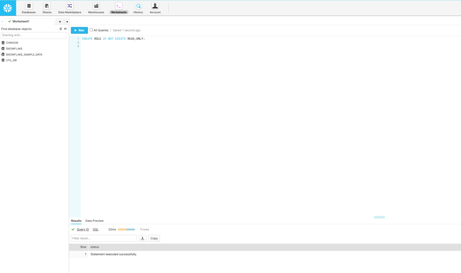 From the console in the Snowflake Worksheets page, create a read-only role