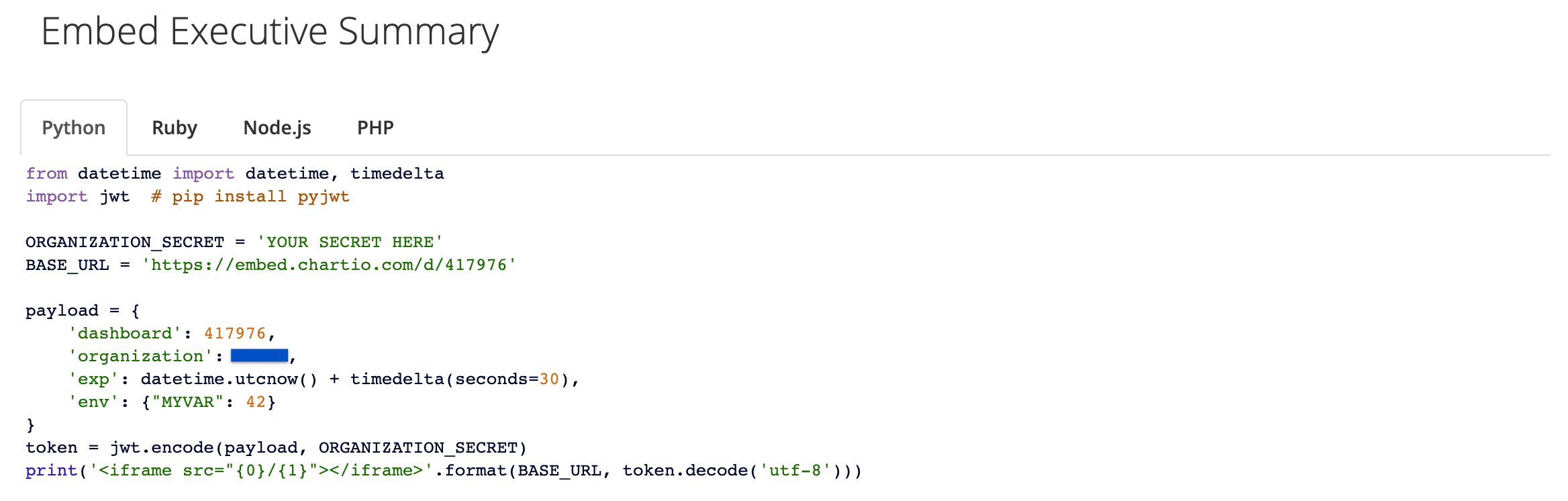 Embedding example code for the Executive Summary dashboard