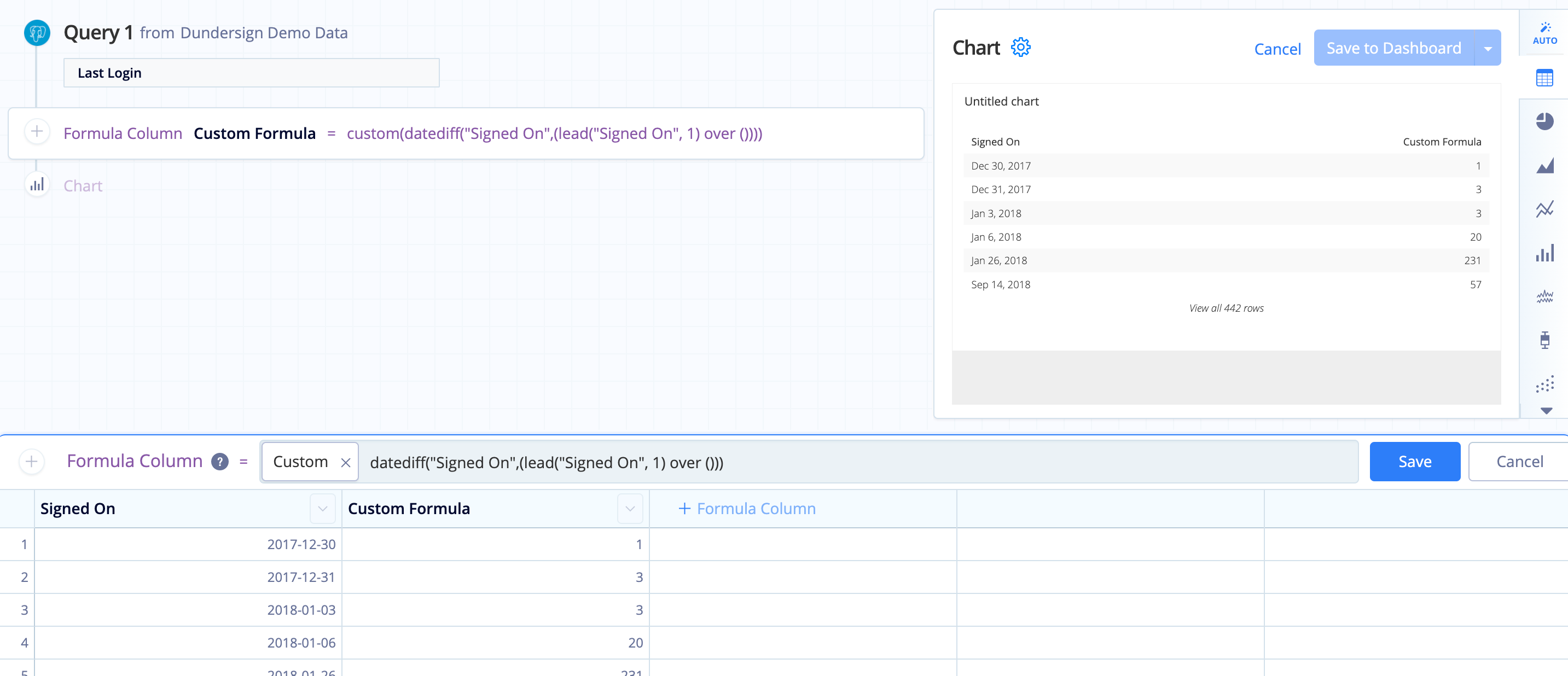 datediff("Signed On",(lead("Signed On",1)over()))