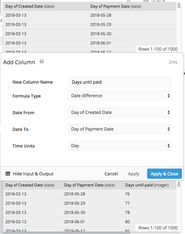 Calculate the difference in days between two date columns