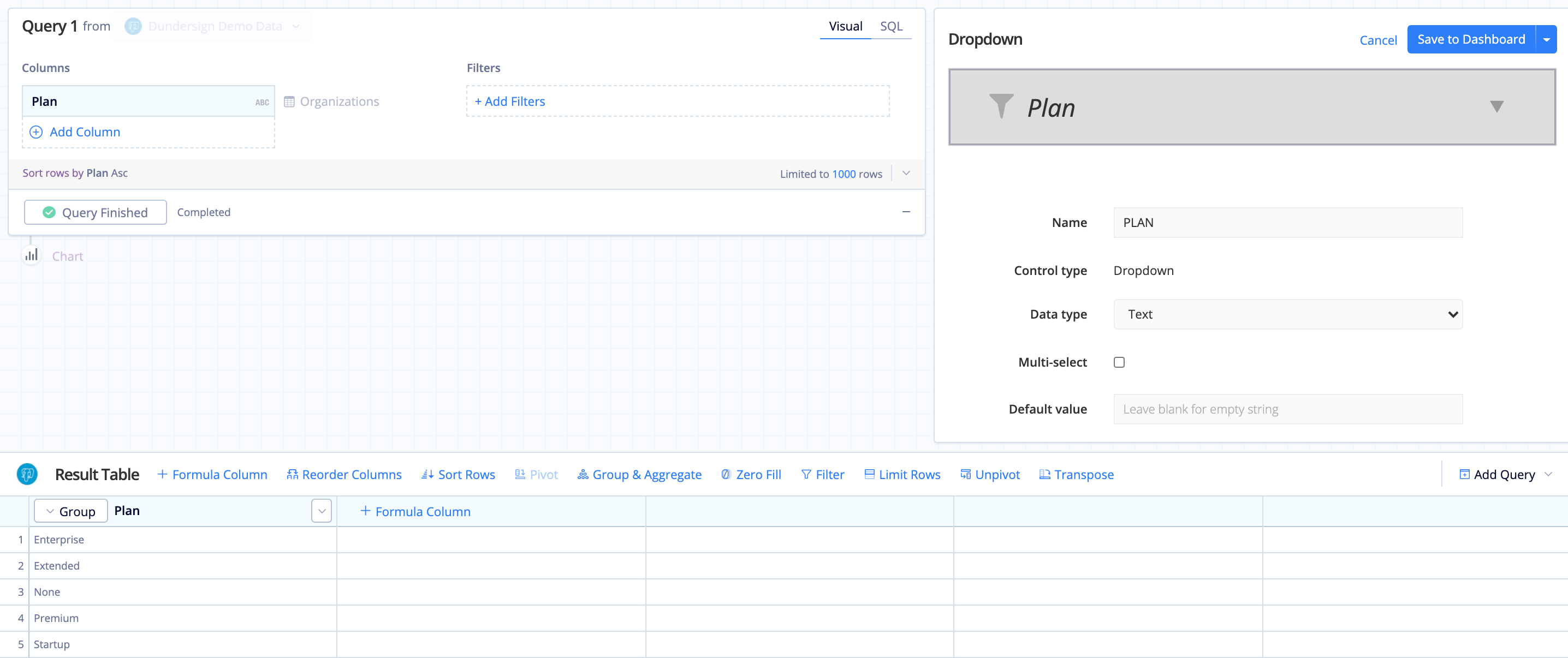 Set up the Dropdown Control by creating a chart in Visual SQL