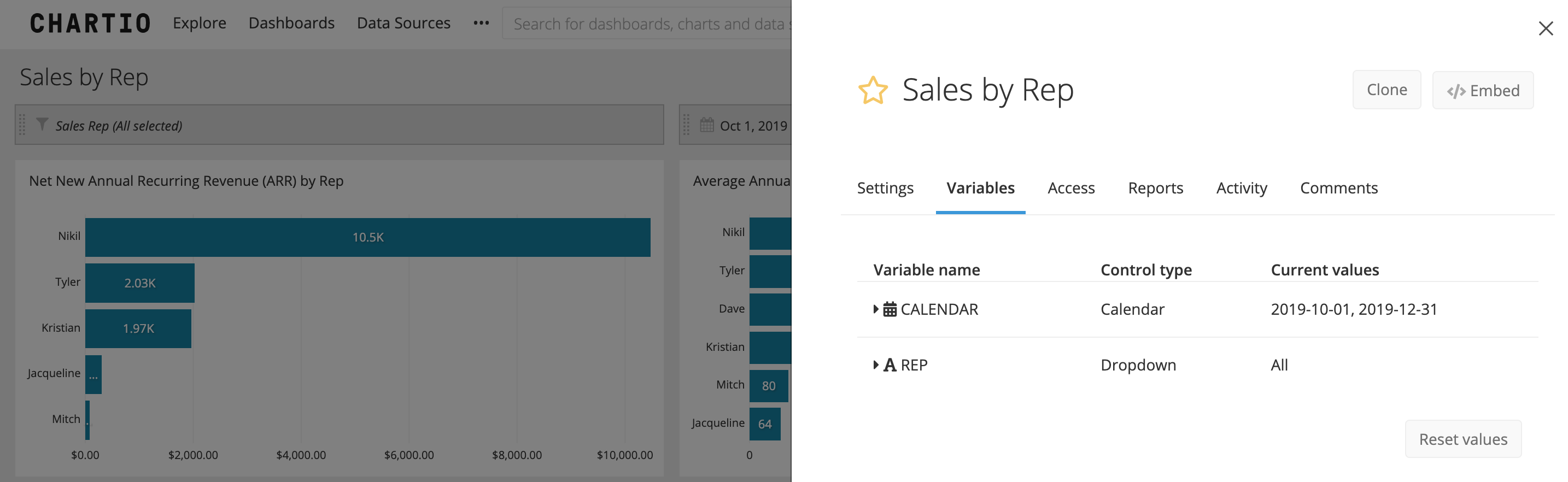 Edit a Dashboard Control from the Settings menu