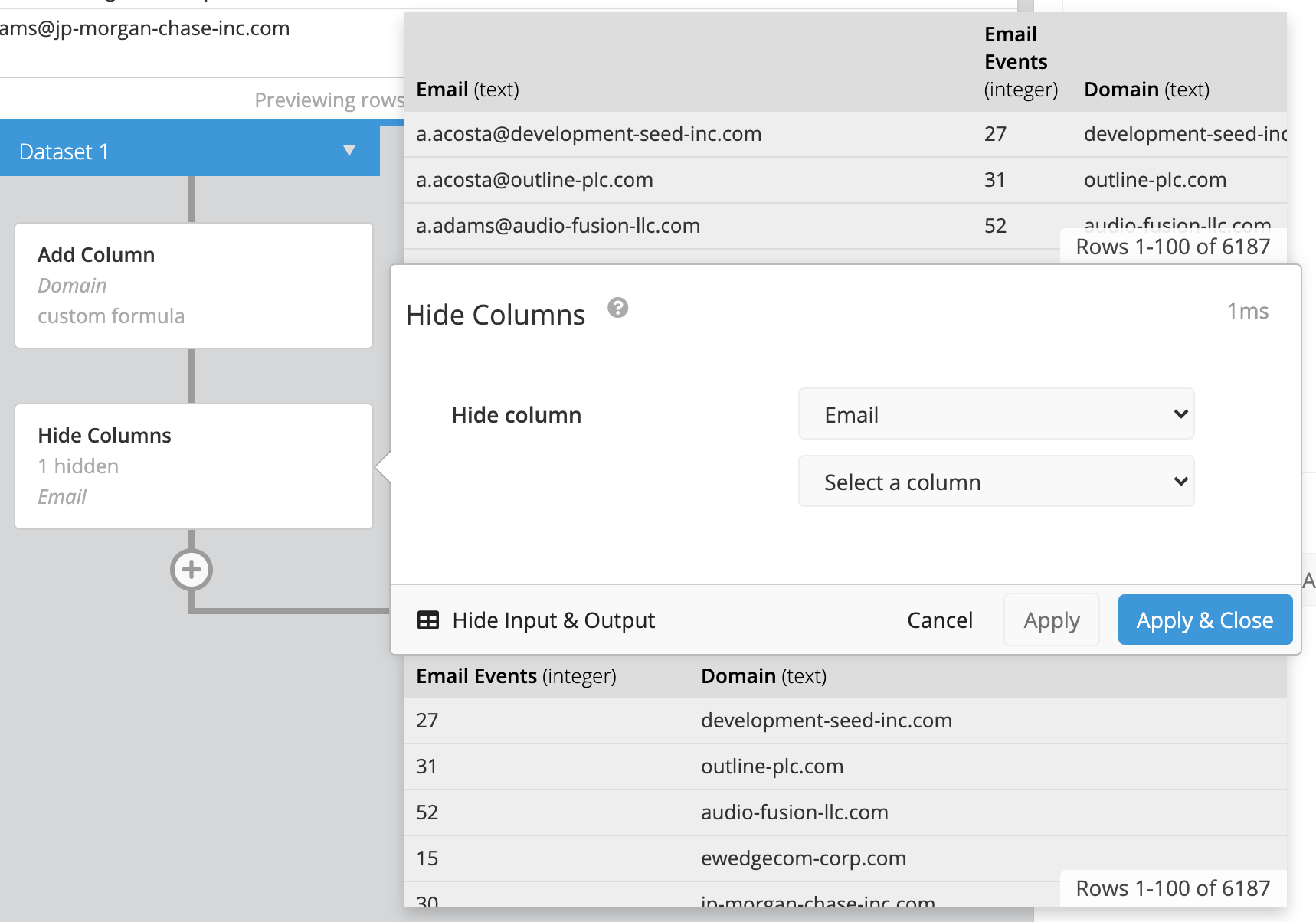 Hide Columns in the Pipeline to hide the emails