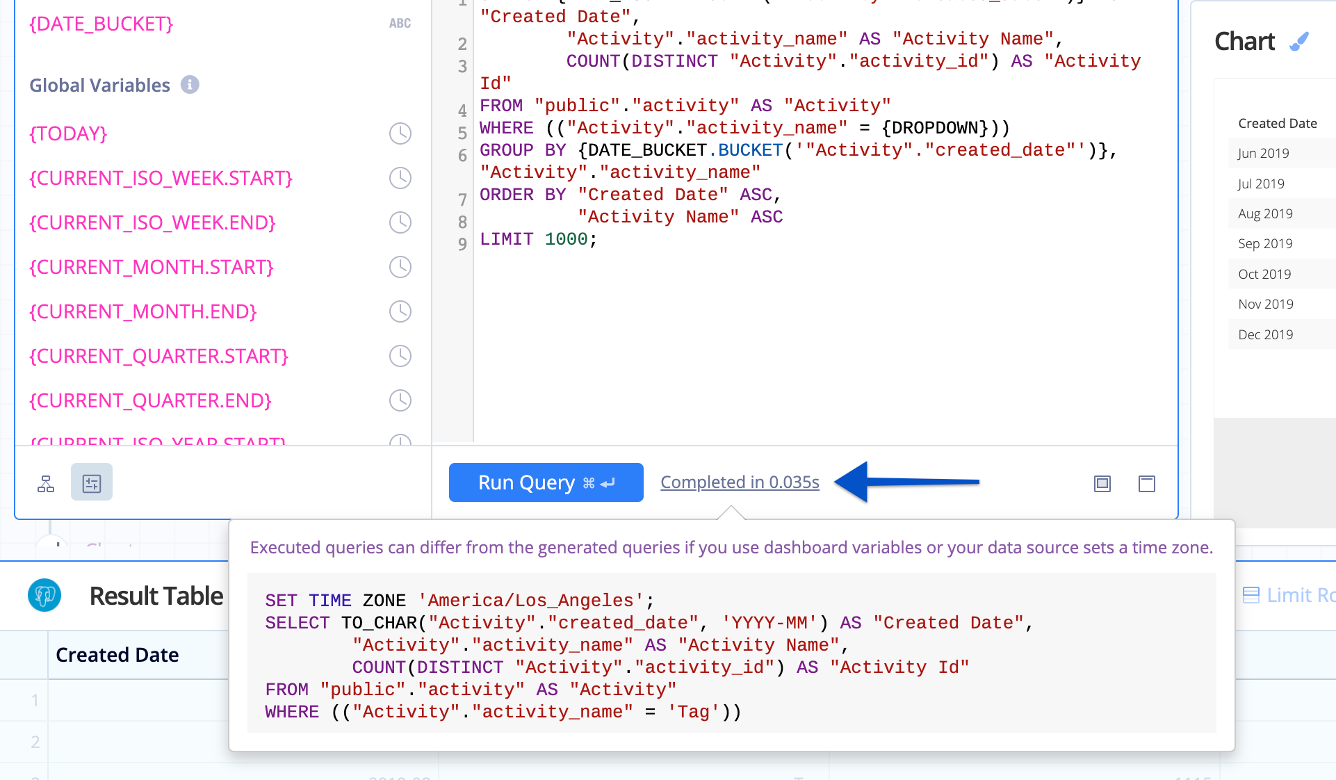 Click the query completion time to view the executed query