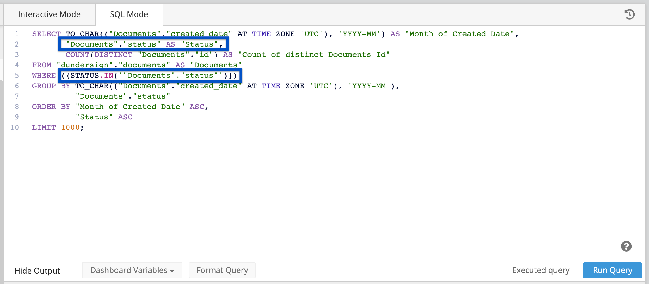 Select the column to be filtered in your SQL Mode query