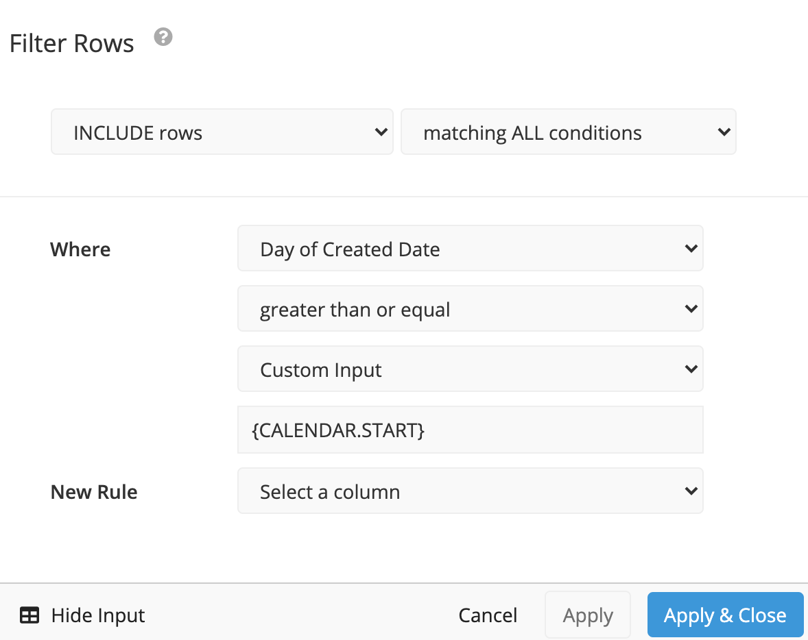 Filter Rows using Dashboard Controls