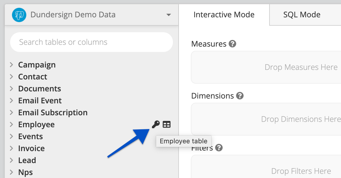 Hover over a table to open the Foreign Key icon