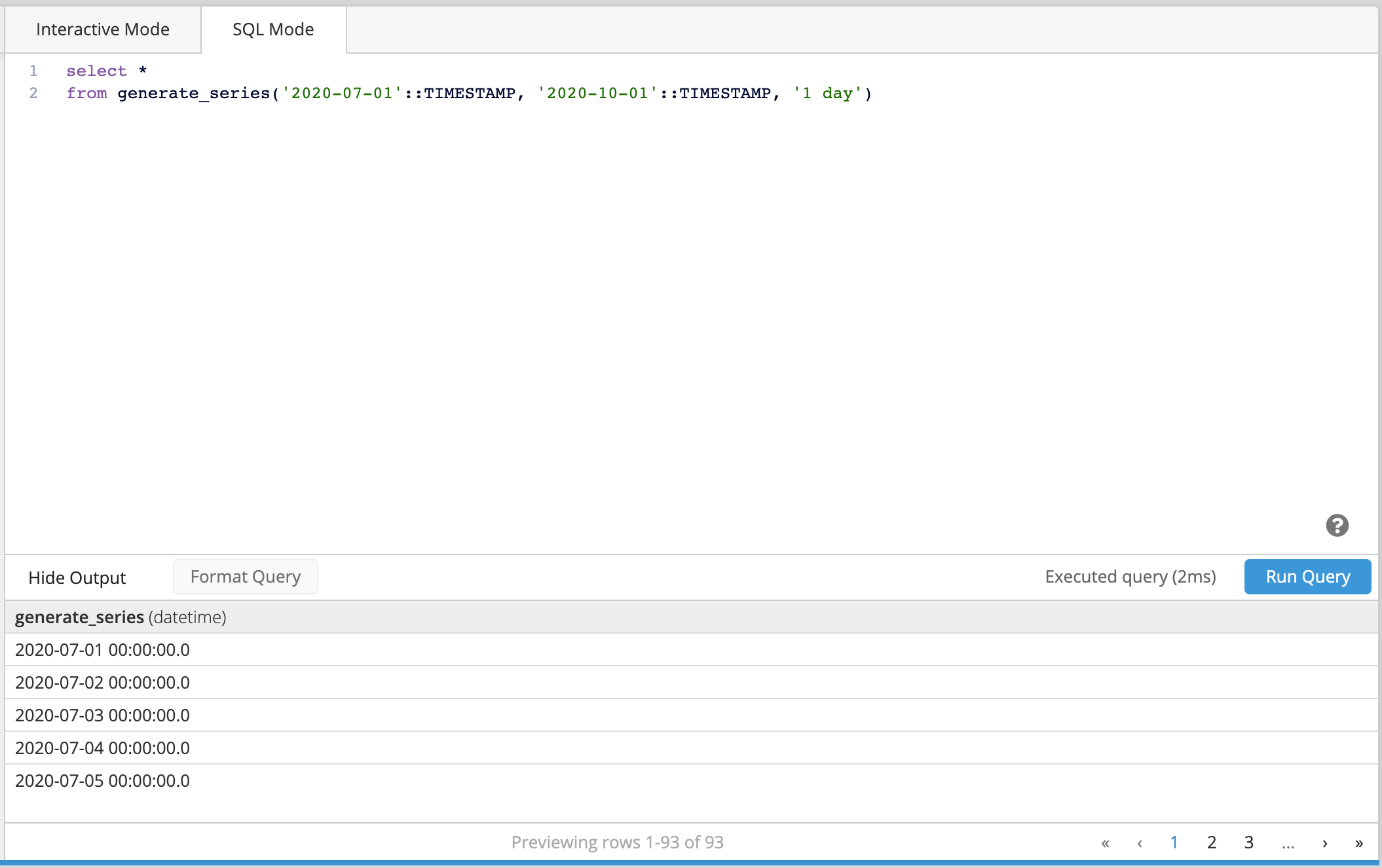 Output of generate_series function example in SQL Mode