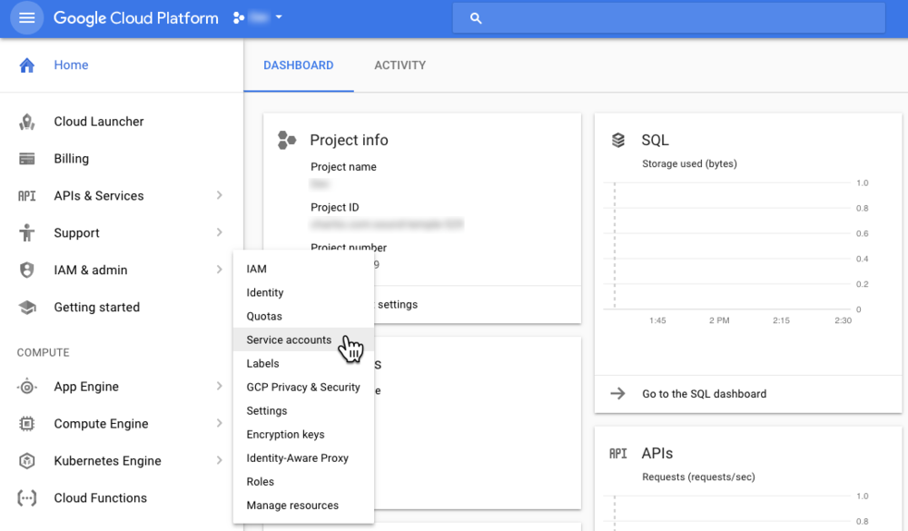 From the Google Cloud Platform, click Service accounts