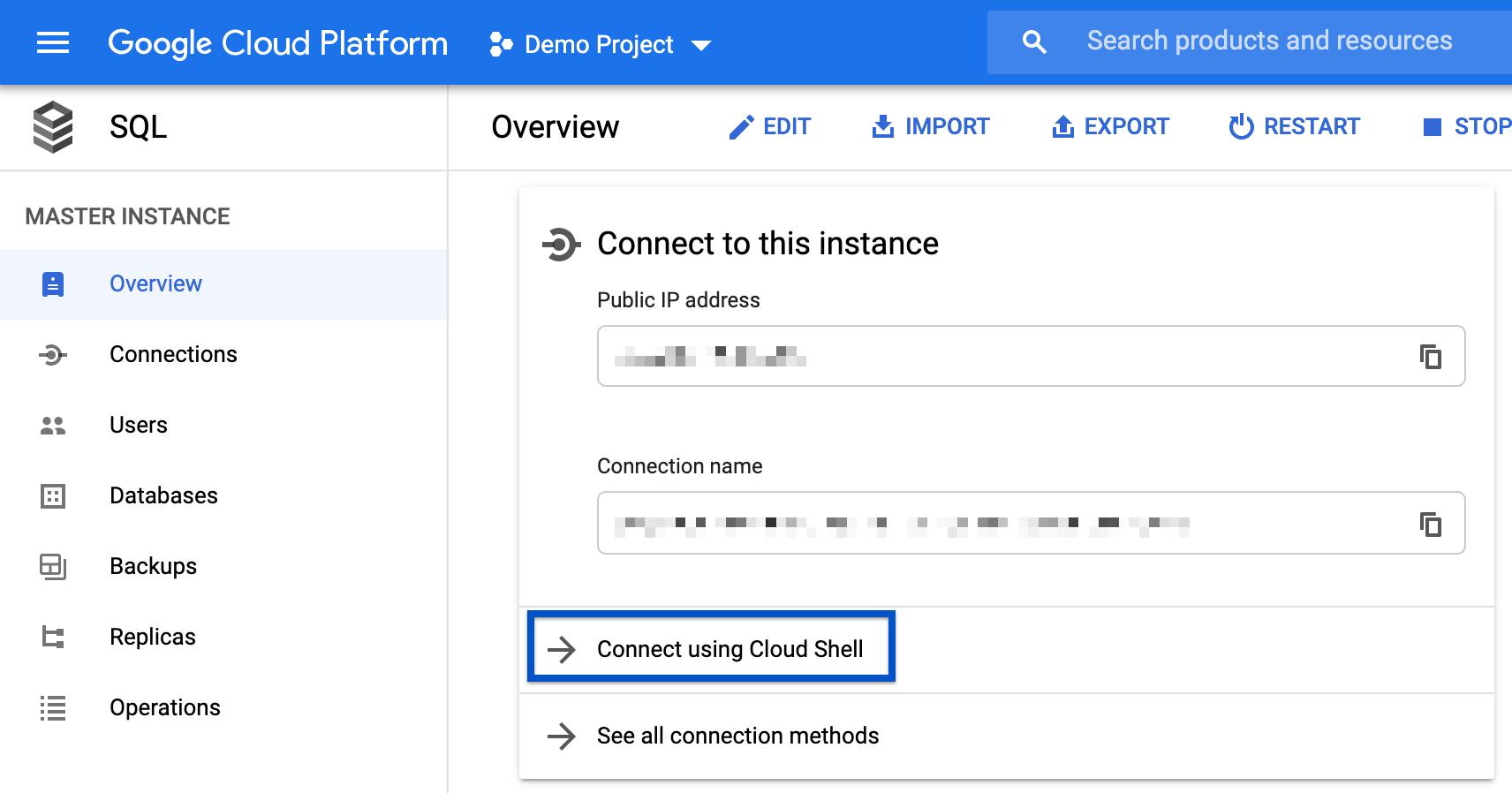 Open Cloud Shell terminal from the Overview page