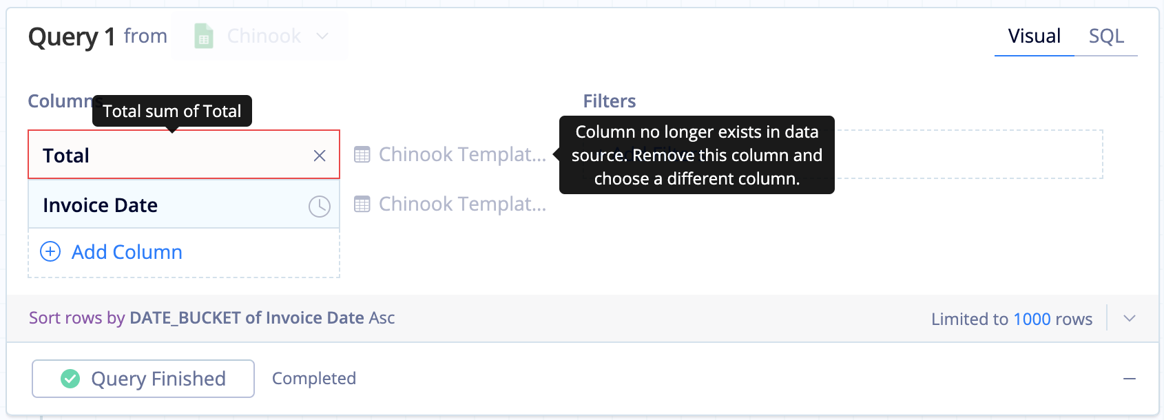 Highlighted missing column in Visual SQL