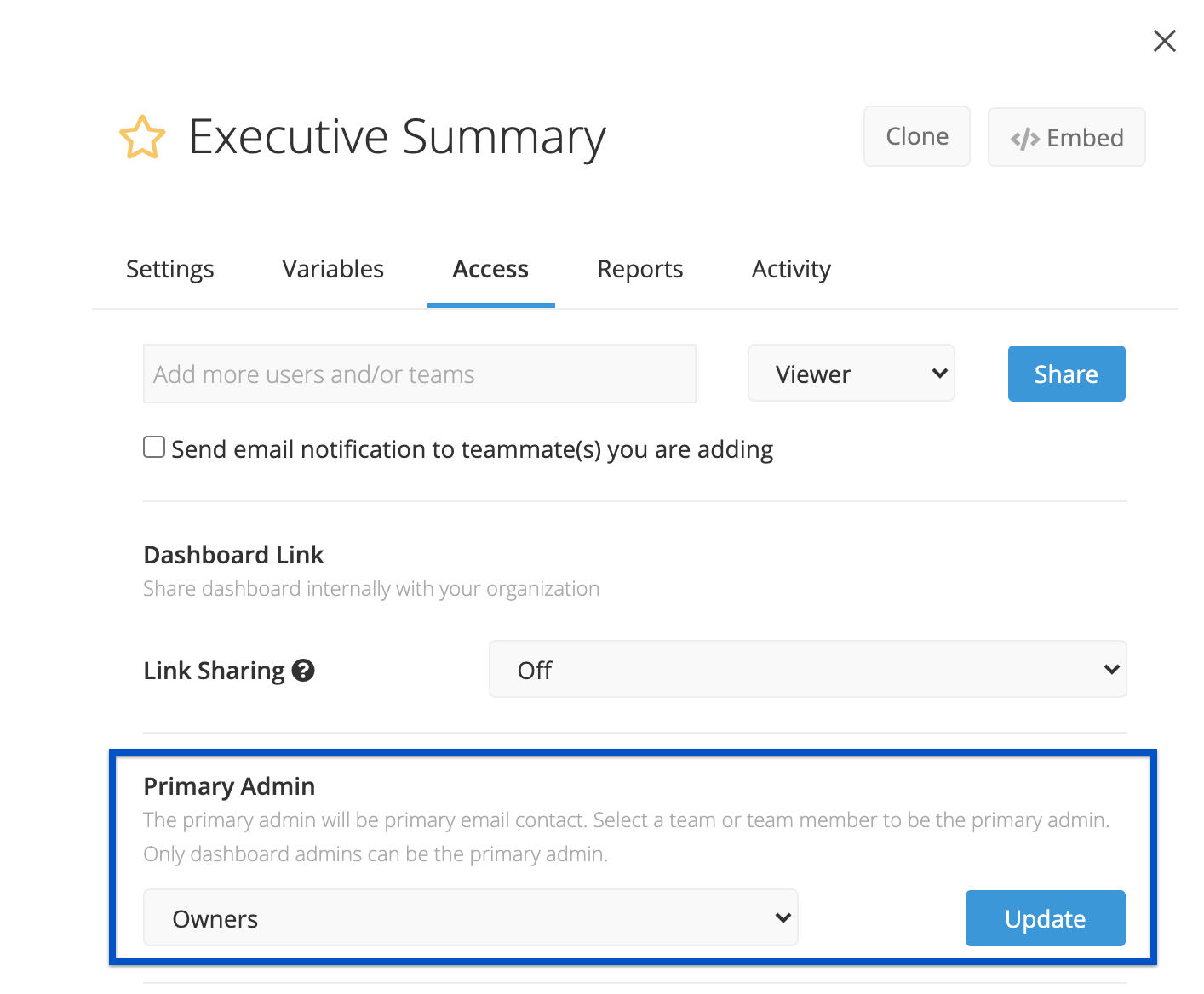 Change the Primary Admin for a dashboard