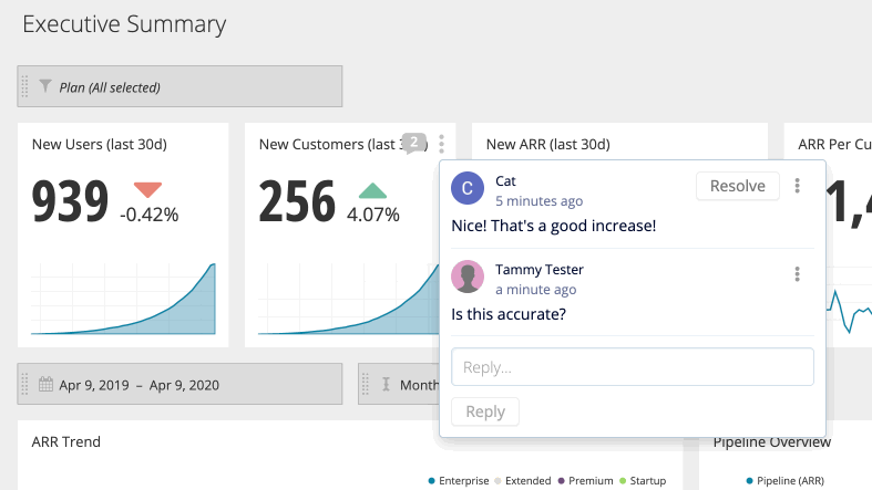 Click Resolve to close a chart comment thread