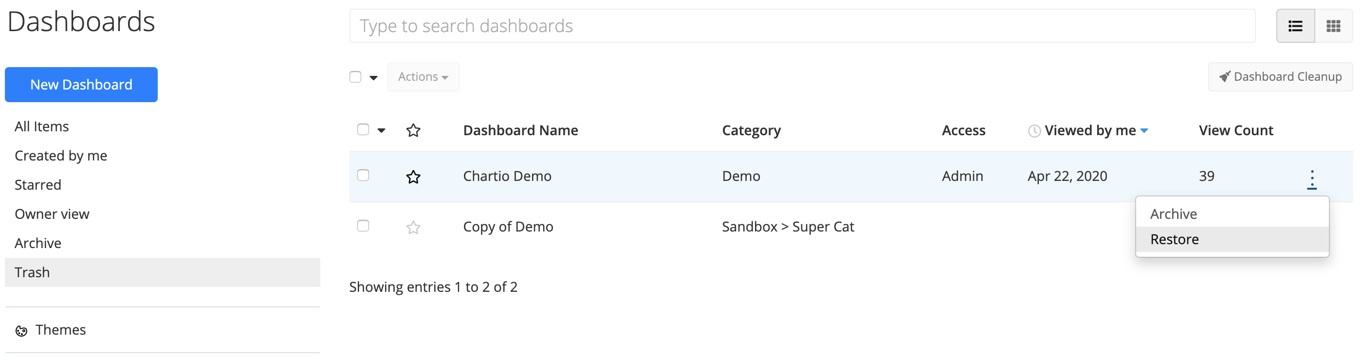 Restore a trashed dashboard by opening more options and clicking Restore