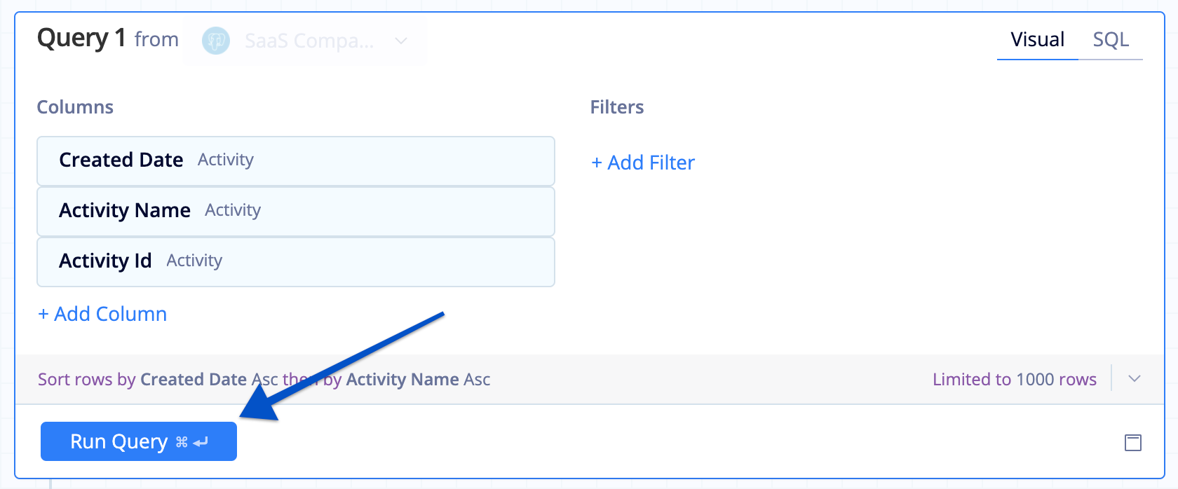 Click Run Query to execute your query in Visual Mode