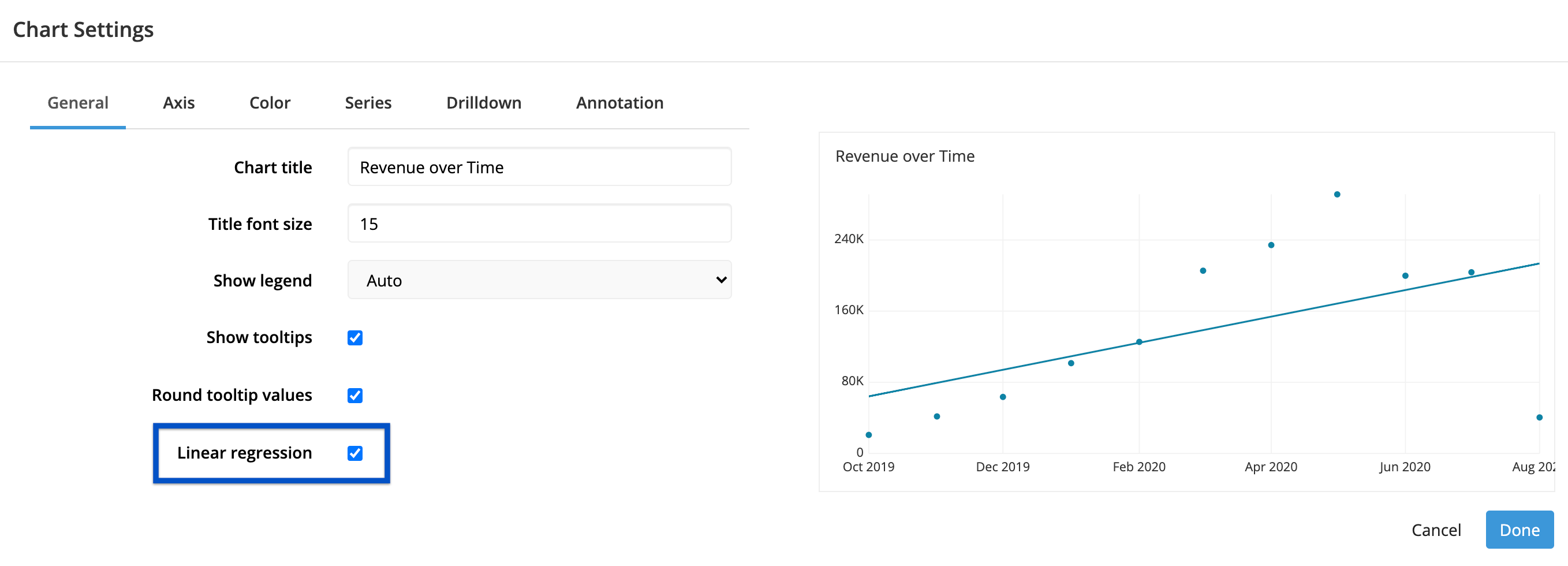 Select Linear Regression to add a line of best fit to your Scatter Plot