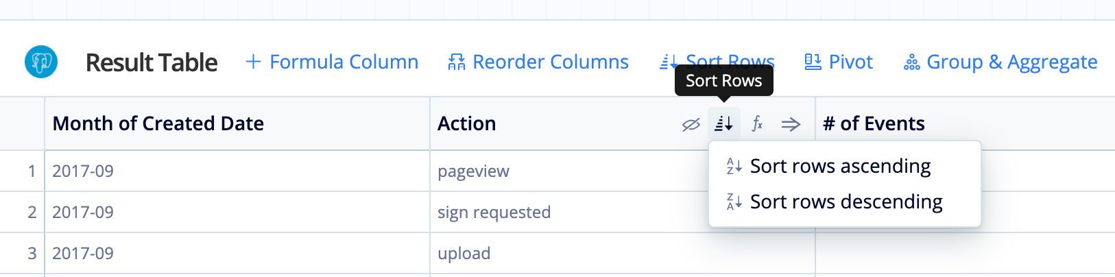 Sort a column's row in ascending or descending order from the column's Column Actions menu