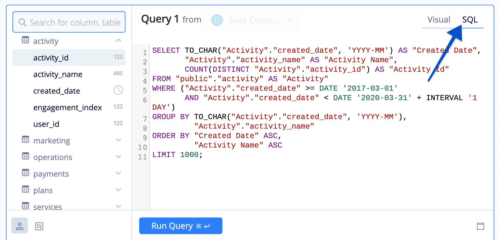 Toggle SQL Mode in Visual SQL