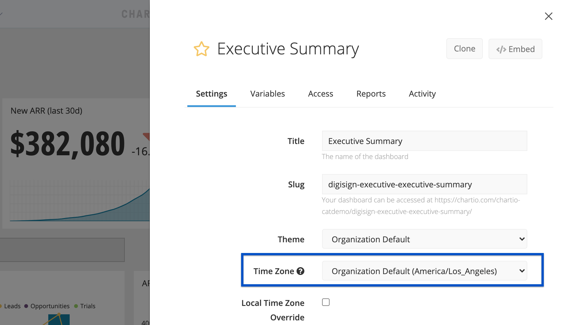 Set the time zone in the dashboard settings