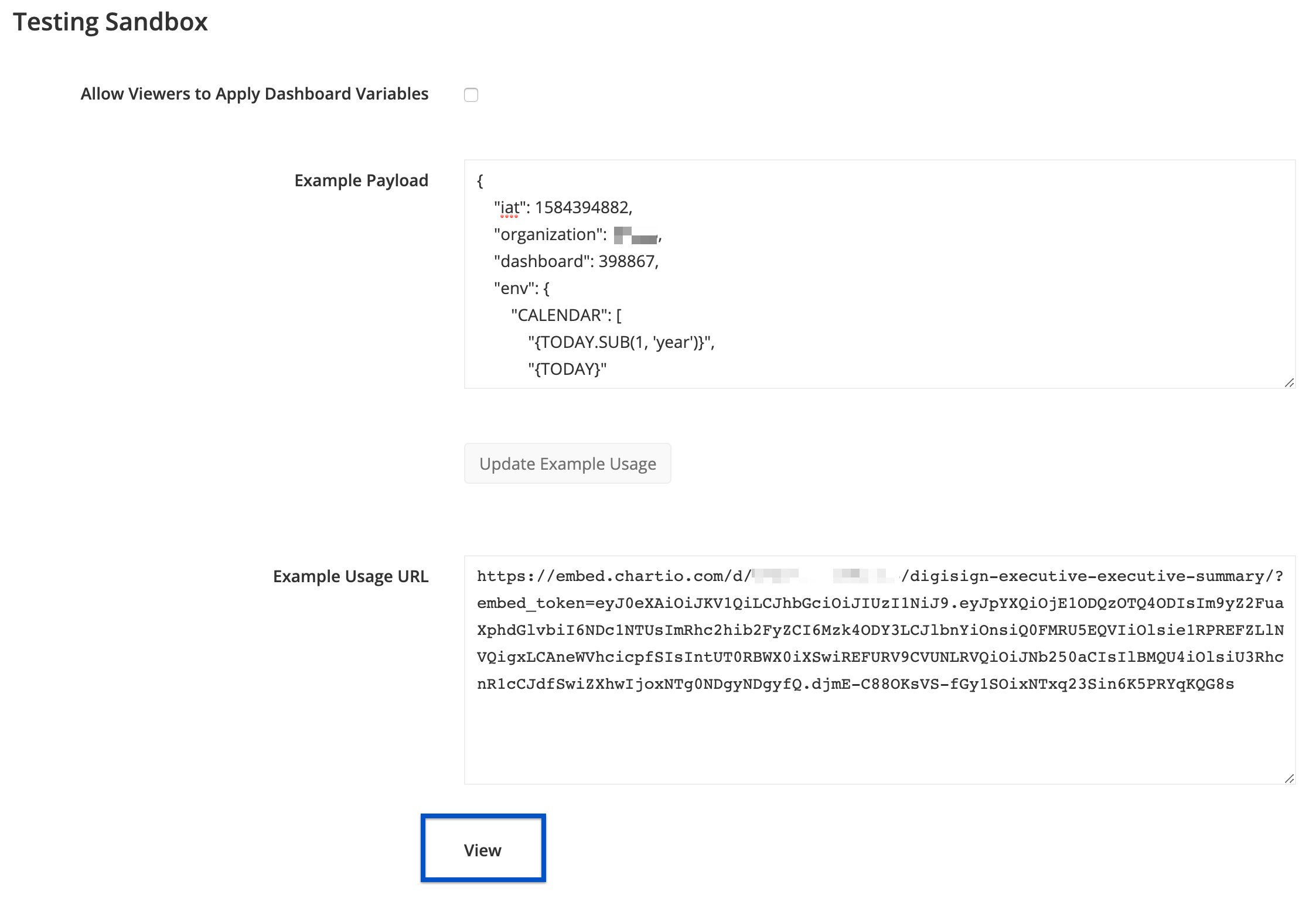 Click View to see the embedded dashboard with default values